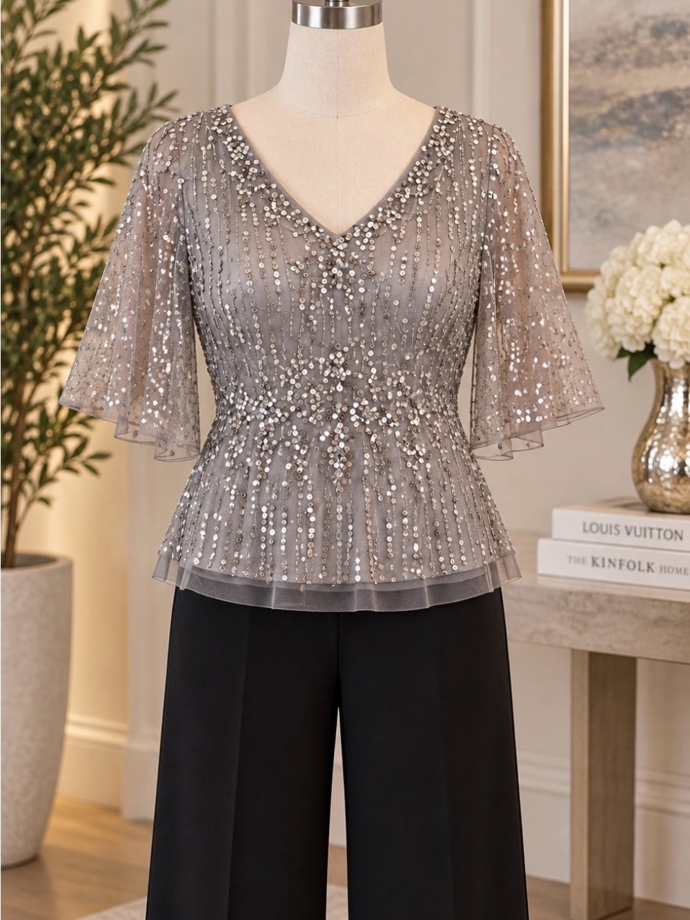Embellished V-Neck Peplum Top - Silver
